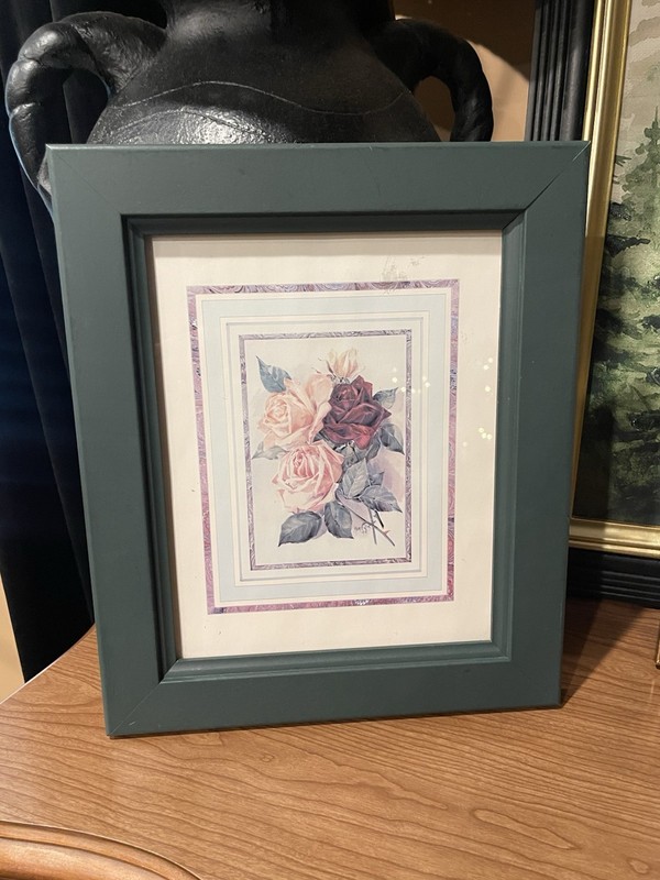Vintage Botanical Floral Framed Print of 3 Roses In Forest Green Frame 11x13 gallery