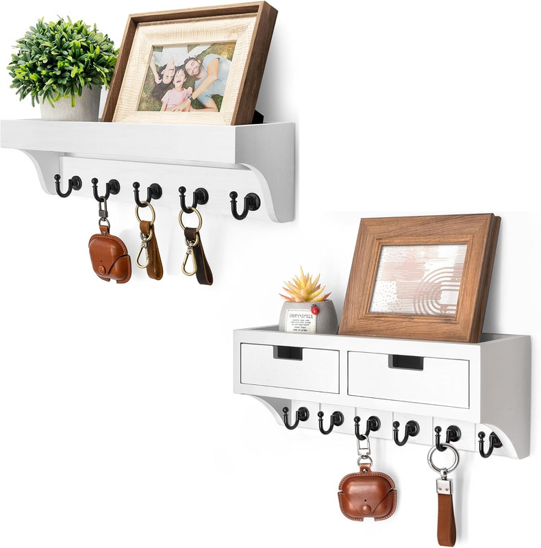 Decorative Key Holder Wall Mount with 2 Drawer Organizer and Floating Shelf Comb