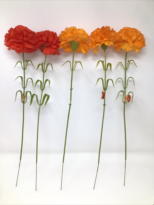 Artificial Silk Carnation Flower Stem 5 Stems 17” L 3” Blooms Hong Kong Vintage