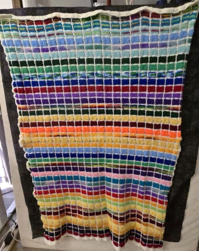 Vtg Boho Stripe Rainbow Hand Knit Blanket Throw Afghan Colorful 35″ X 50″ Granny
