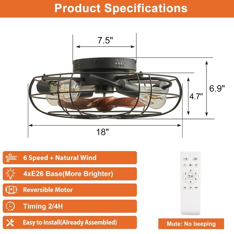 SHLUCE Small Caged Ceiling Fan with Light, Farmhouse Rustic Flush Mount Ceili... gallery