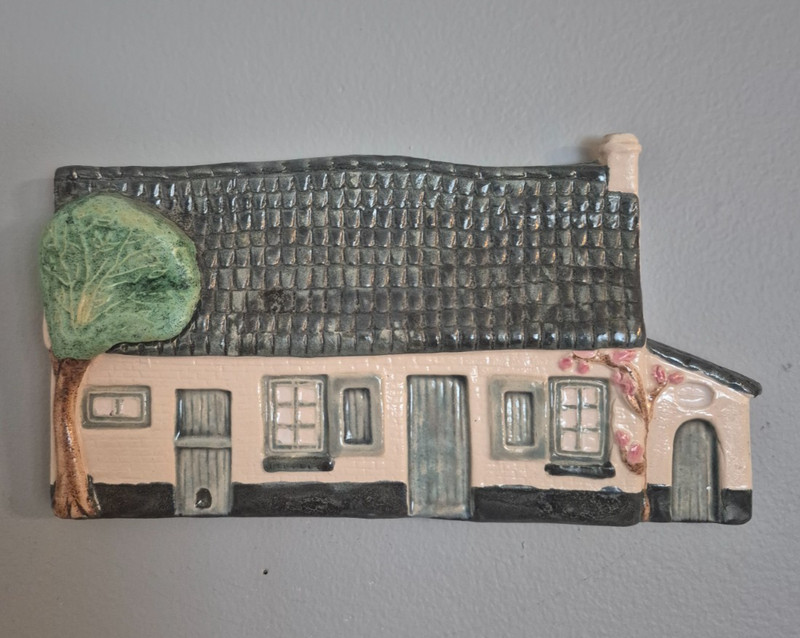 Handmade, hand painted ceramic clay relief house cottage wall plaque, Belgium