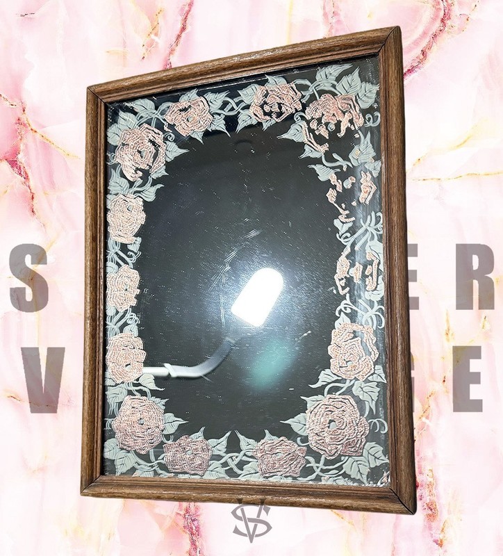 Vintage AMERICAN GLASS ART AGA Wood Framed Copper Plated Floral Wall Mirror Core gallery