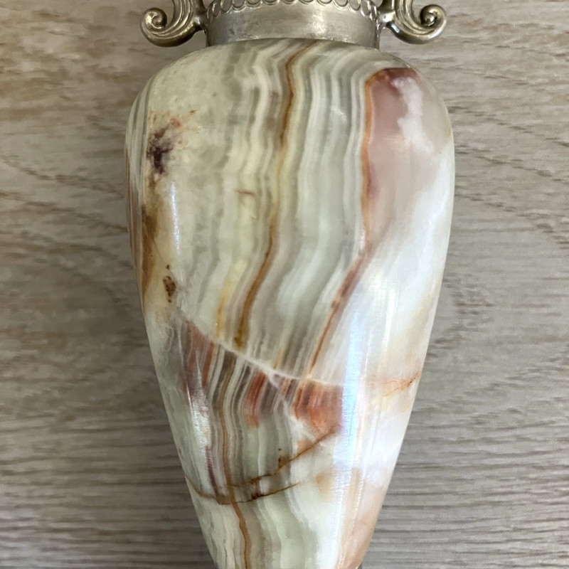 Vintage Miniature Onyx Marble And Metal Double Handle Vase Multicolored 5 Inch gallery