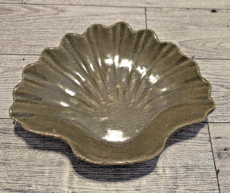 Studio Pottery Scallop Shell Dish Green Glaze Signed PJR