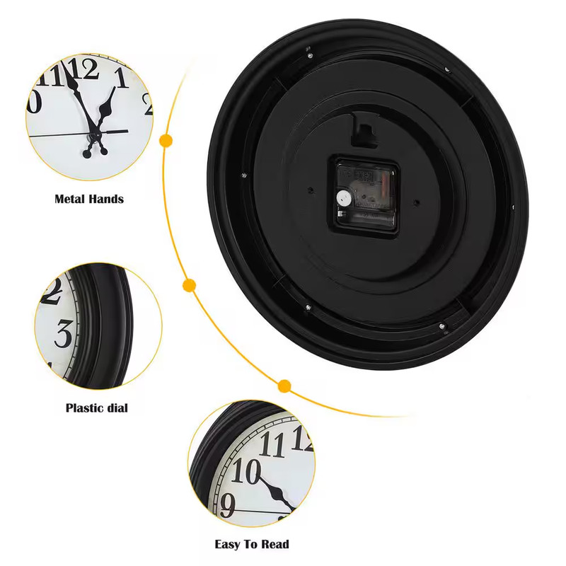 12 In. Silent Battery Operated Non Ticking Black Frame Plastic Wall Clock gallery