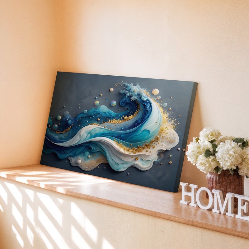 Abstract Blue and White Wave Canvas Wall Art with Gold Accents Modern Home Decor gallery