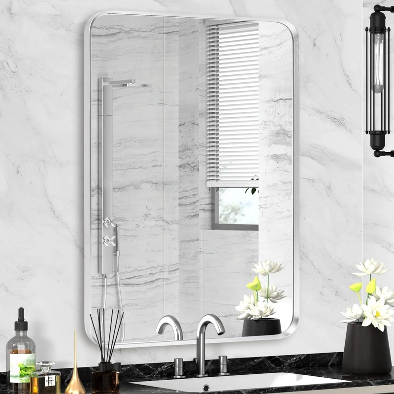Silver Framed Bathroom Mirror, Brushed Nickel Rounded Corner Rectangle Wall M…