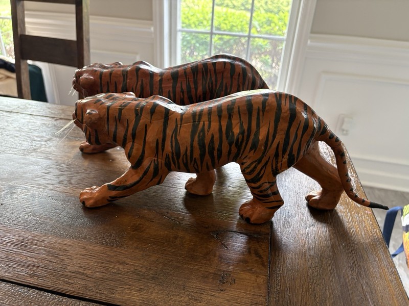 Vintage Tiger Sculptures Pair Papier Mache Leather Wrapped Folk Art gallery
