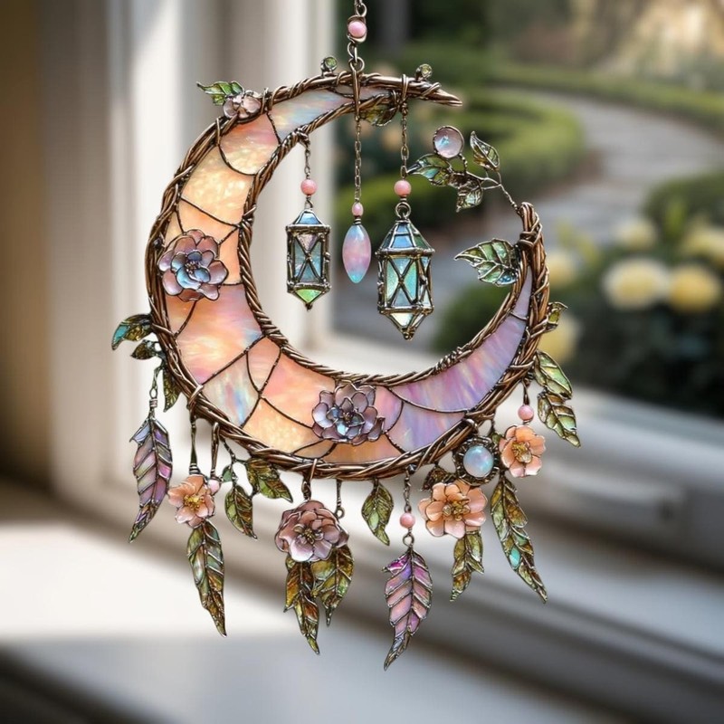 Crescent Moon Faux Stained Glass Acrylic Suncatcher With Lanterns And Flower gallery