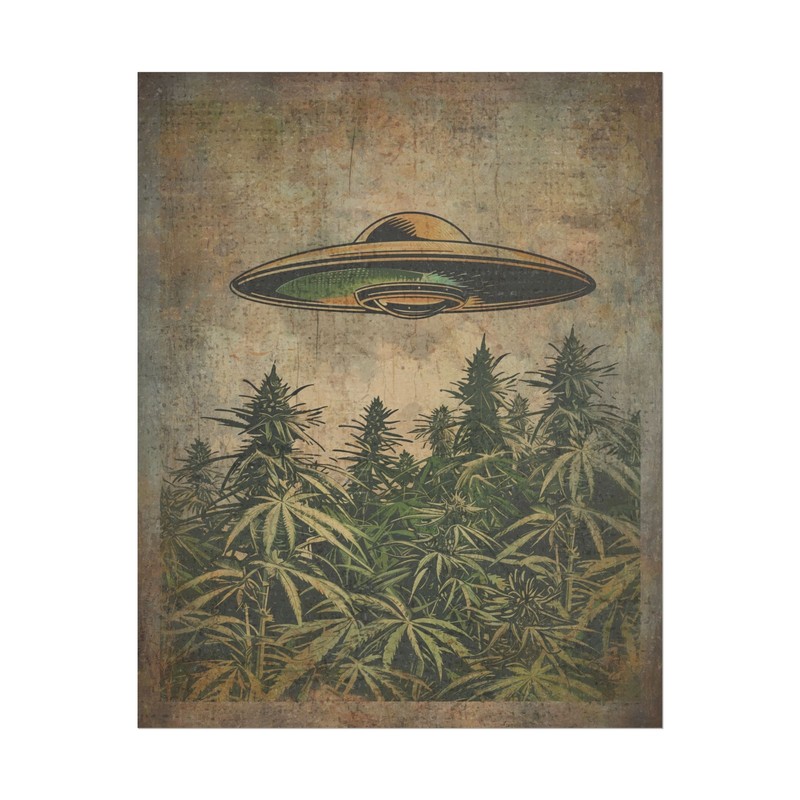 Vintage UFO ALIEN CANNABIS Wall Art, UAP 420 Pothead Poster, Sci-fi Weed Decor
