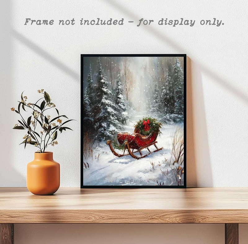 Vintage Christmas Sleigh Wall Art Print, Rustic Winter Oil Painting Style, Re... gallery