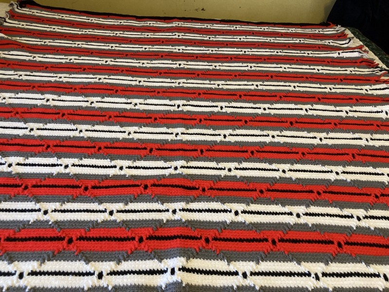 Handmade crochet red/black/gray/white Afghan 57" x 51"nice gallery