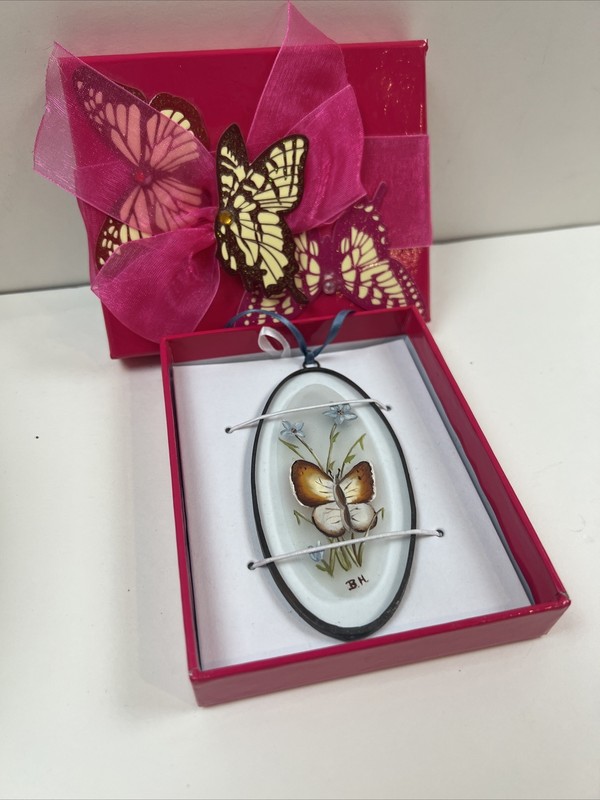 VINTAGE Butterfly Hand Painted Glass Ornament Flowers Window Hanger Flat Oval