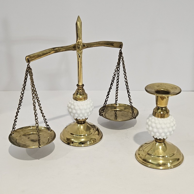 MCM Hobnail Milk Glass Brass Scale 10″ Justice Scales + Candlestick Holder