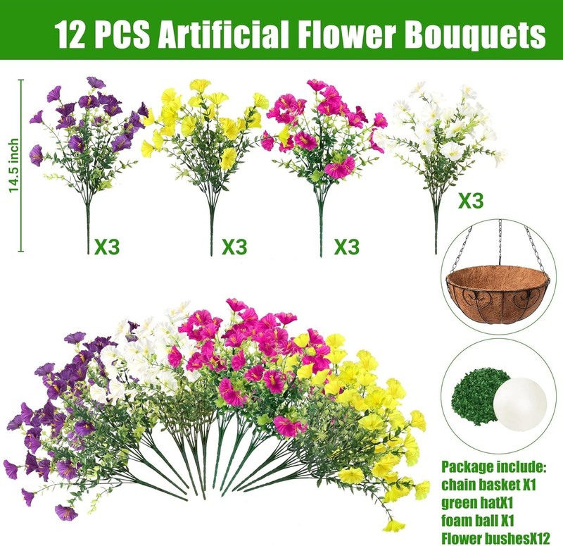 12 Count Artificial Flowers with Basket for Spring Summer Outdoor Decor gallery
