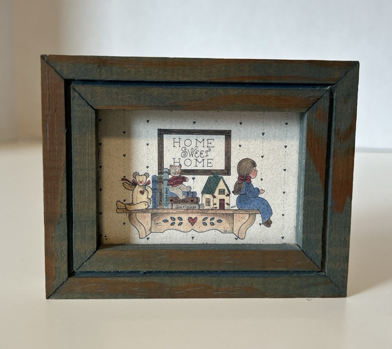 Vtg Mini Wood Framed Picture Box Primitive Country Shelf Sitting Toys 4.5 X 3.25