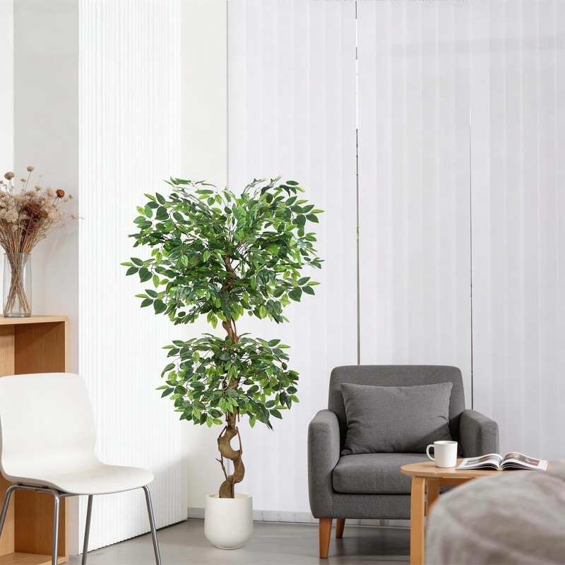 5FT Artificial Ficus Tree,Large Fake Tree with White Planter, Tall Faux Ficus gallery