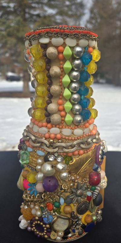 Vintage 82 Funky Fun Memory Vase Beads Jewls Buttons Folk Art Collage Colorful gallery