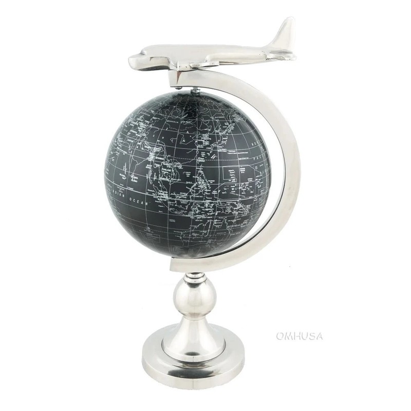 Airplane On Globe W Brass Stand | Handcrafted plastic globe w/ aluminum plane
