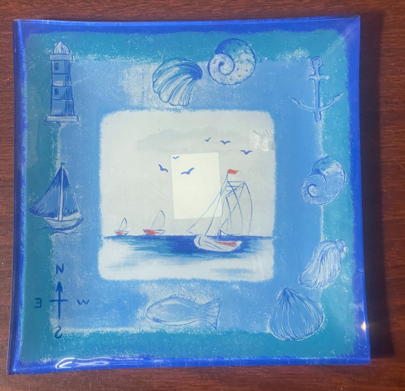Nautical-themed square glass decorative plate or tray