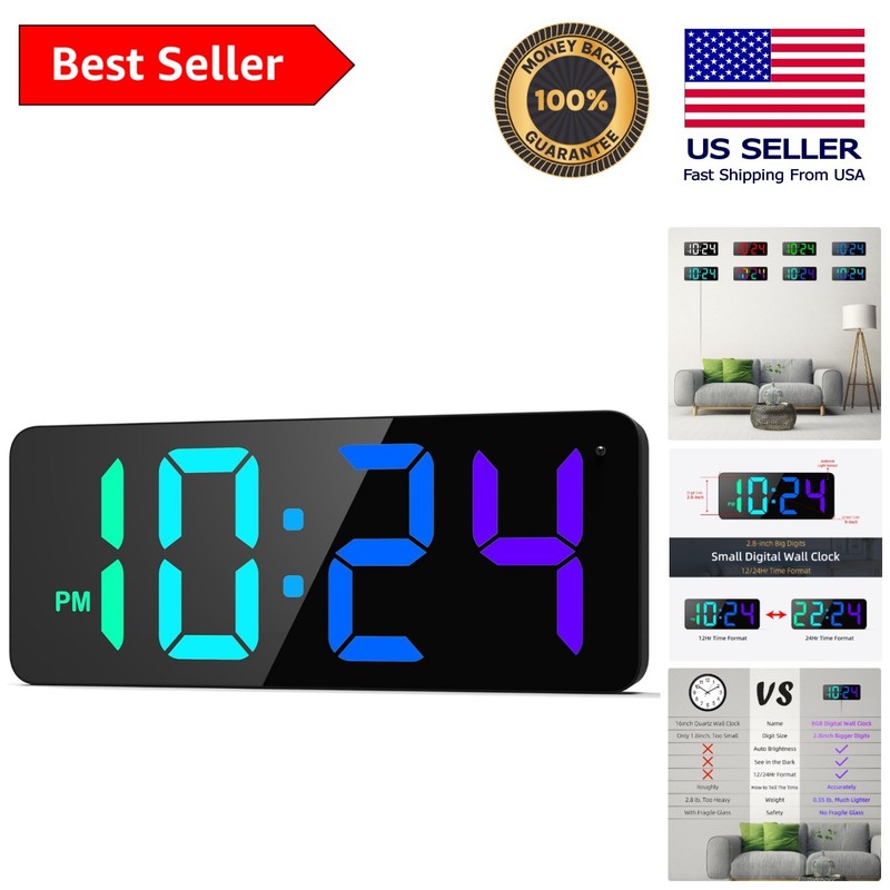 Modern LED Digital Wall Clock with Dynamic RGB Display & Large 2.8-Inch Digits