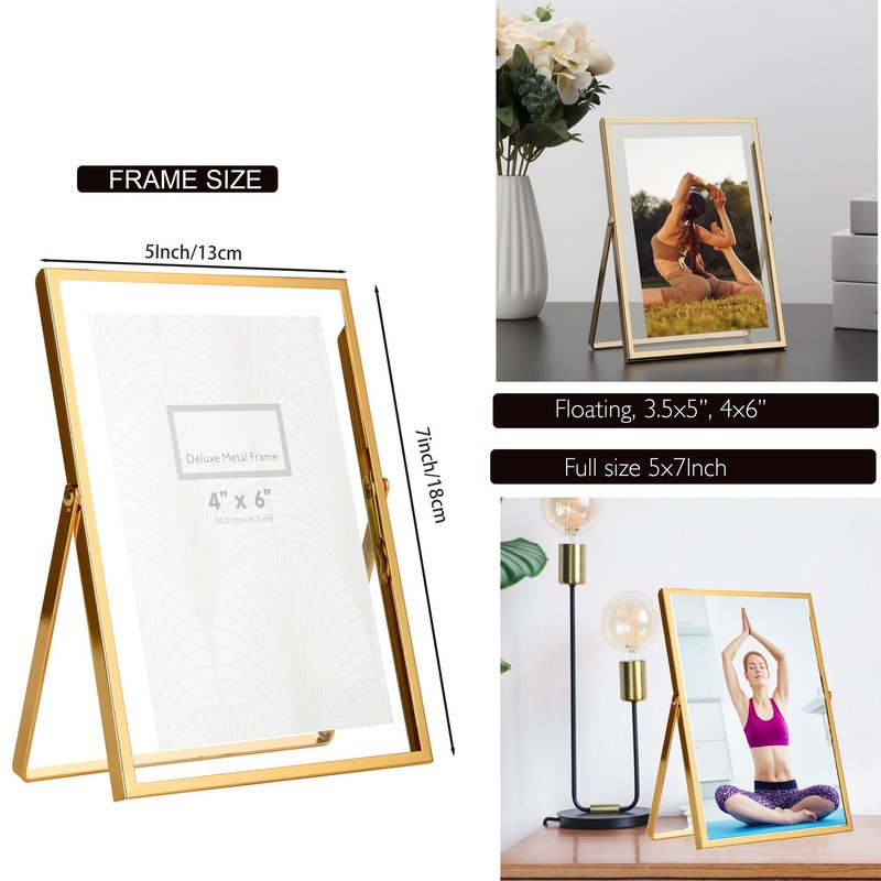 2Pcs Gold 5x7 Floating Metal Frames, for Multiple Photo Sizes, Home Decor, Gold gallery