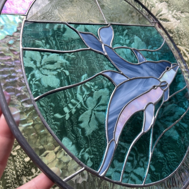Stained Glass Dolphins Iridescent Blue Window Sun Catcher 13" Diameter gallery