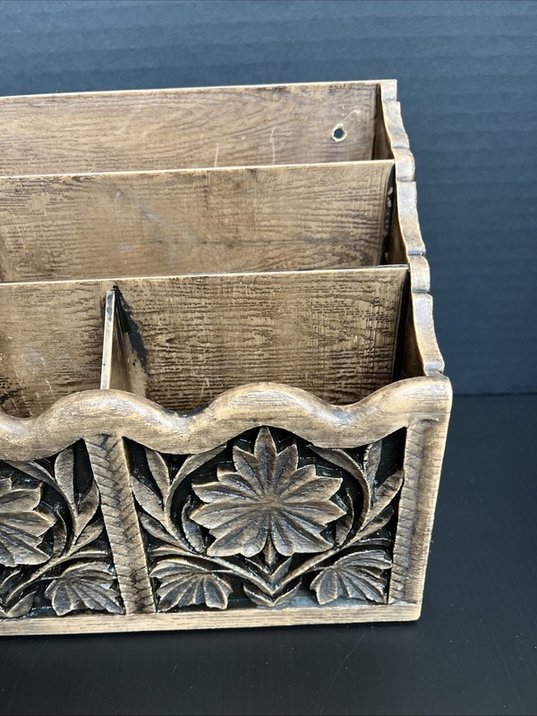 Vintage Lerner Carved Faux Wood Letter Holder Mail Organizer Storage Desk Caddy gallery