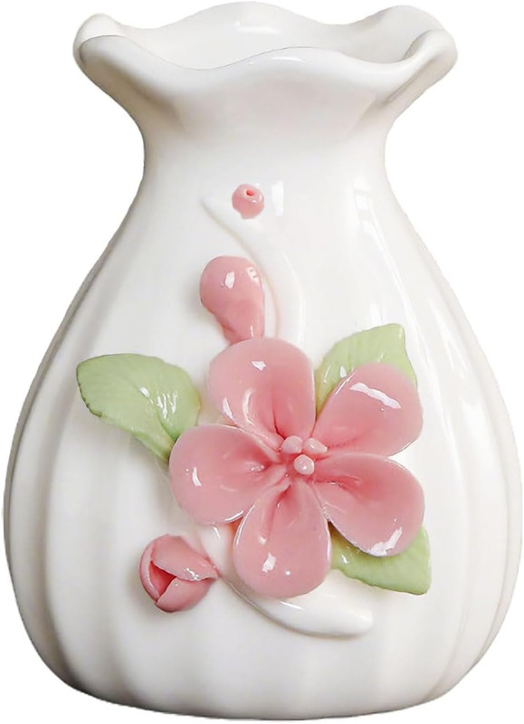 Handmade Ceramic Vase 3D Hand Painted Flowers, Porcelain Relief Home Decor Art!