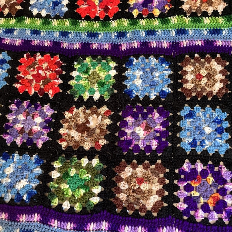 Vintage Handmade Granny Square Afghan Throw Multicolor Black 58x53” gallery