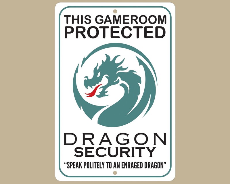 Gameroom Protected by Dragon Security Sign, Metal Wall Art, Mythical Creature