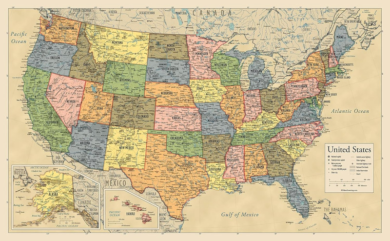 Laminated United States Map Poster - US Map Wall Chart - Made in the USA [Yellow gallery