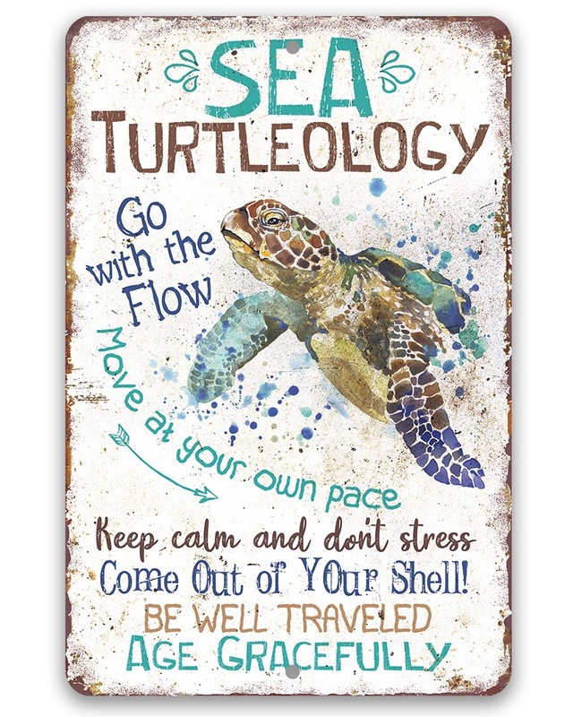 Sea Turtleology Metal Sign Beach House Decor – Sea Turtle Wall Art Bathroom 8×12