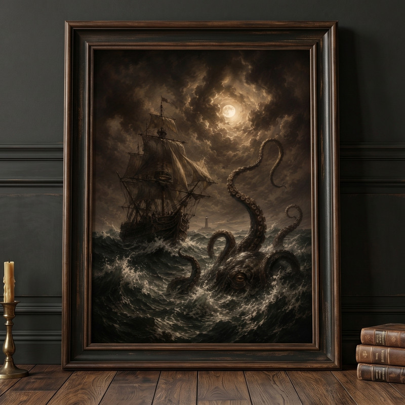 Kraken Sea Monster Attacking Ship Vintage Poster Gothic Nautical Ocean Wall Art