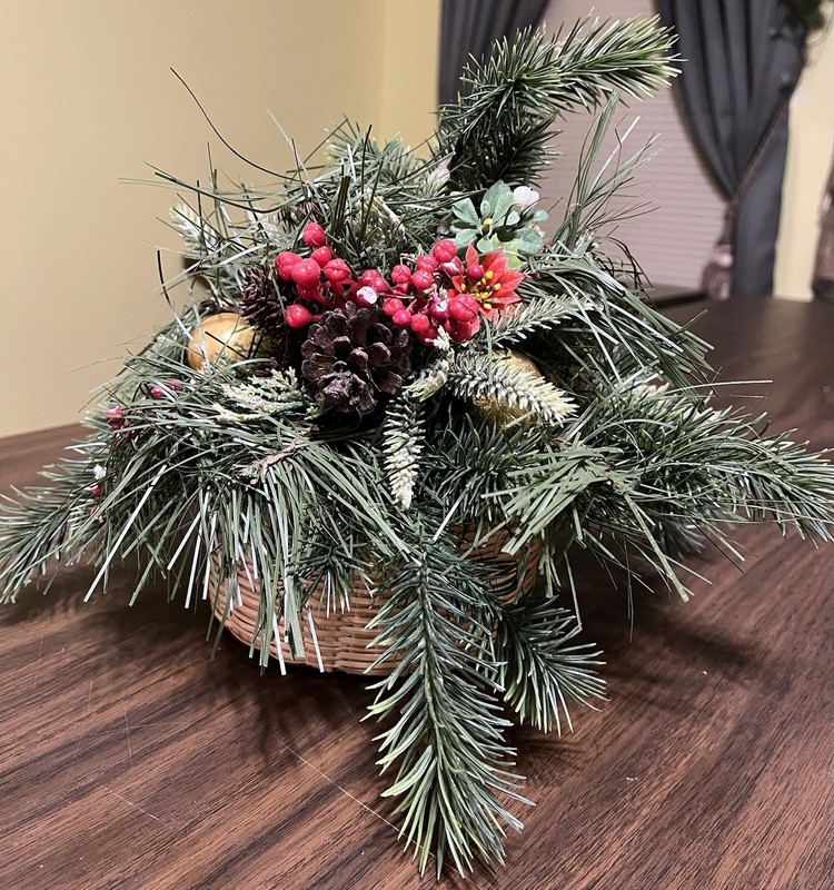 Festive Artificial Christmas Floral Arrangement In Small Round 6” Woven Basket gallery