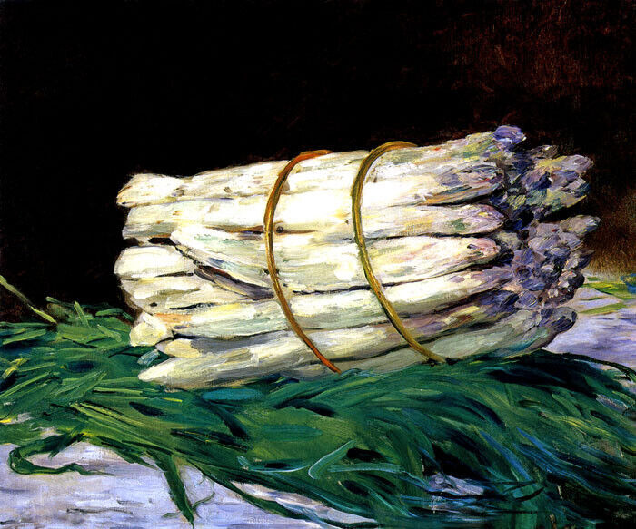 BUNCH OF ASPARAGUS VEGETABLE WHITE STEMS PURPLE ENDS PAINTING BY MANET REPRO