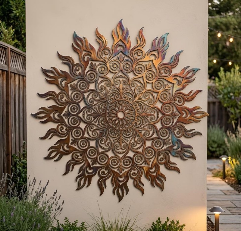 Sun Metal Wall Art Outdoor, Rustic Mandala Wall Decor, Patio Fence Decor