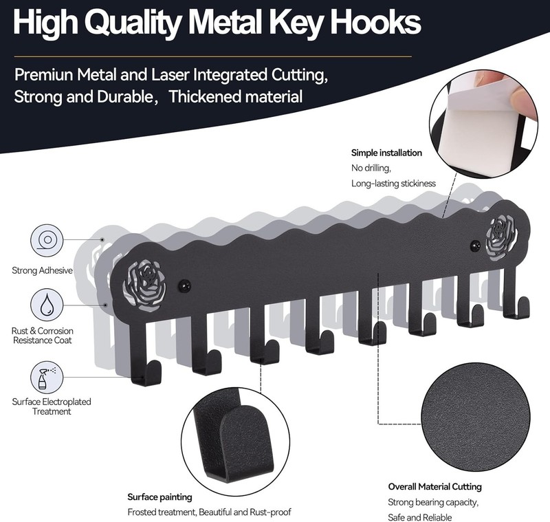 Wall Mounted Metal Key Holder 8 Hooks Self-Adhesive No-Drill Entryway Rack gallery