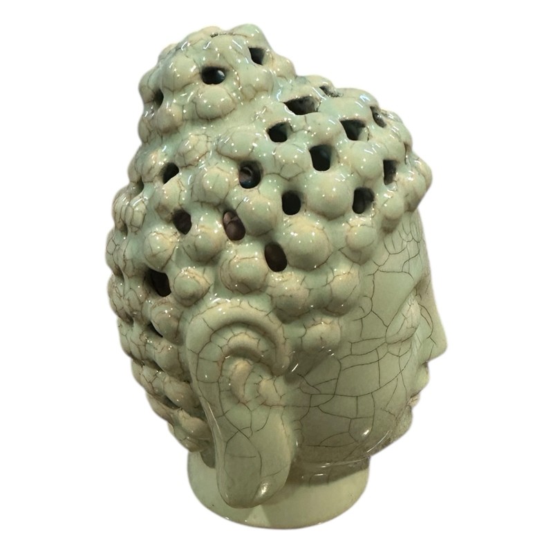 Ceramic Buddha Head Figurine Blue Green Crackle Glaze 5" Meditation Decor gallery