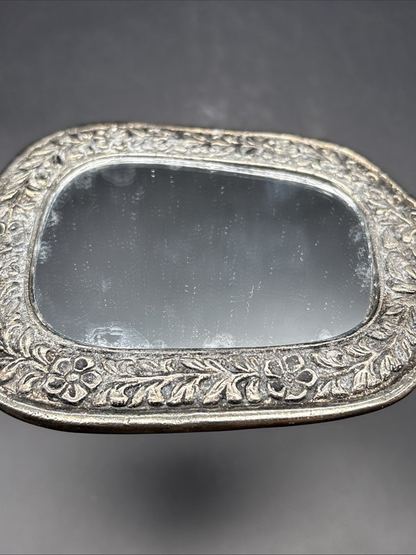 VTG/Antique Silver Tone Embossed Hand Mirror 8” Floral Motif Vanity AsFound Read gallery