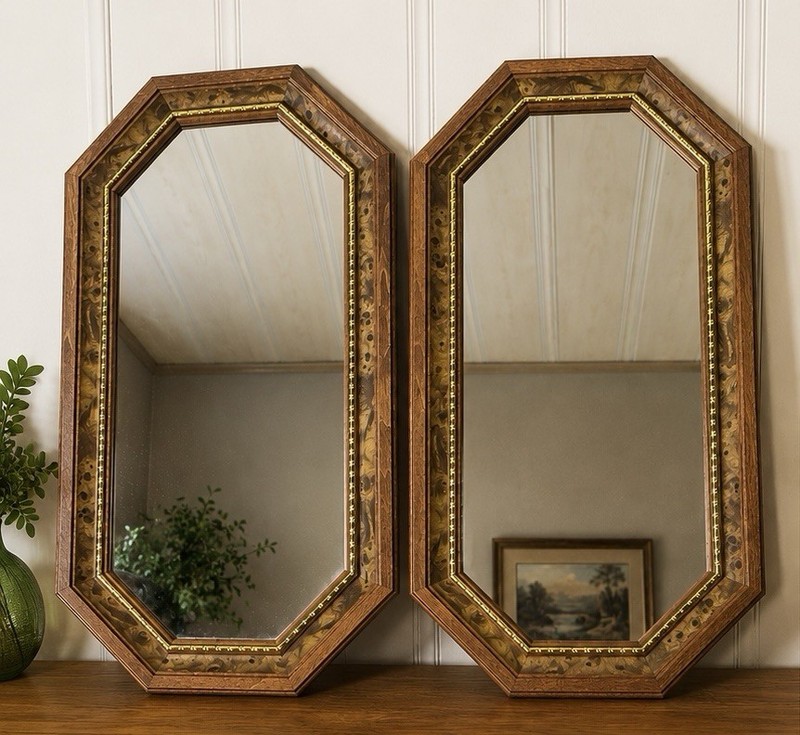 Vintage Home Interiors Octagon Wall Mirrors Set of 2 Faux Burl Wood Brass Trim