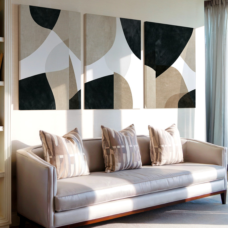 3 Pieces Abstract Geometric Neutral Beige Large Wall Art for Living Set Of 3 gallery