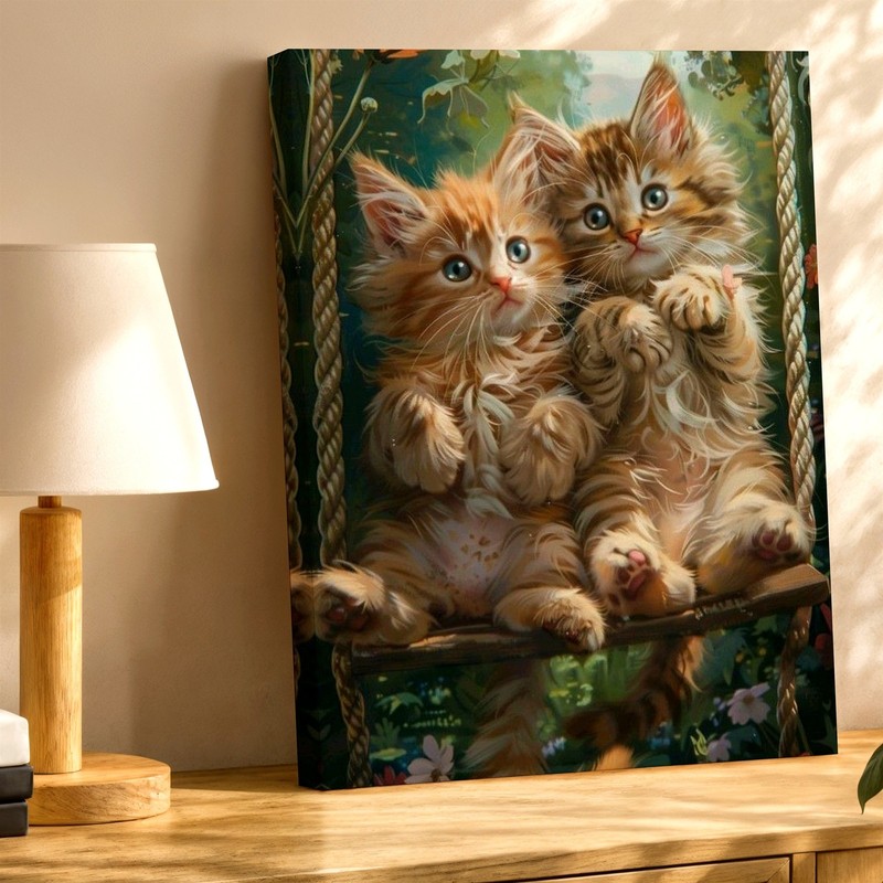 Wall Art Cute Fluffy Kittens on Swing Floral Garden Canvas Print Home Decor gallery