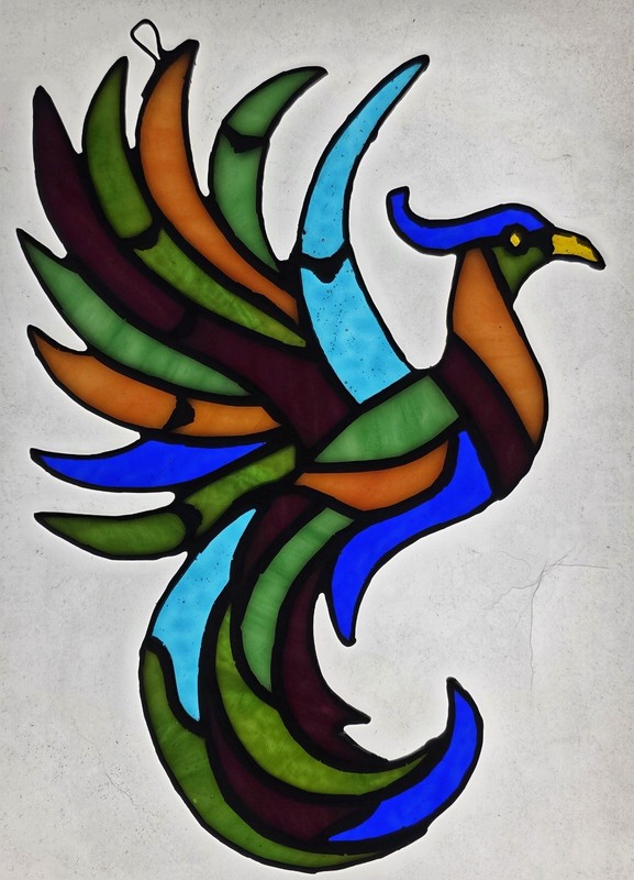Multi Color Phoenix Stained Glass Sun Catcher. Size ( 8 In X 11 In )