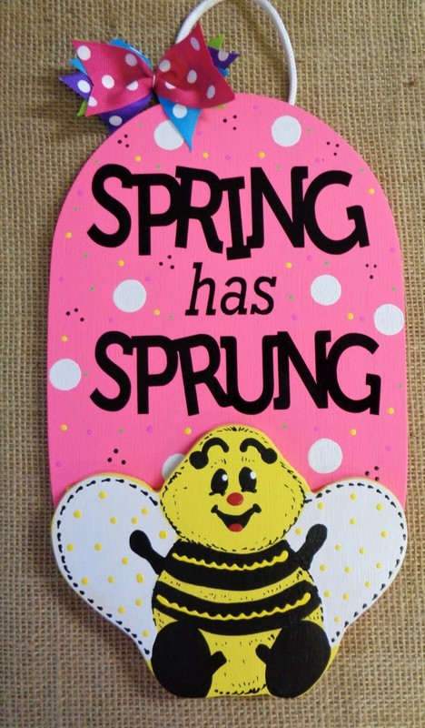 SPRING HAS SPRUNG Bumble BEE Sign Wood Plaque Hot Pink Hand Crafted Door Wall