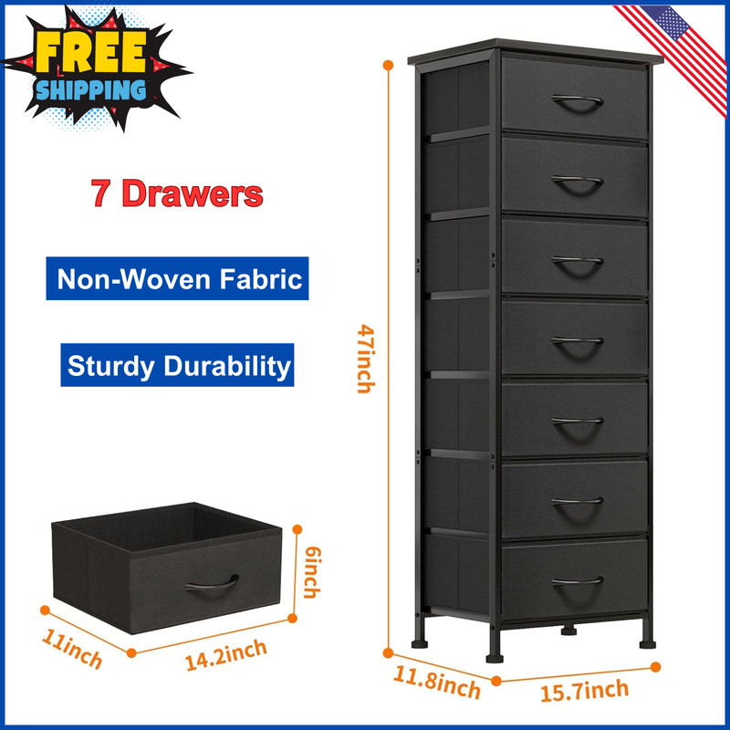 Fixwal Black Tall Skinny Dresser for Bedroom, Narrow Storage Organizer 7 Drawers