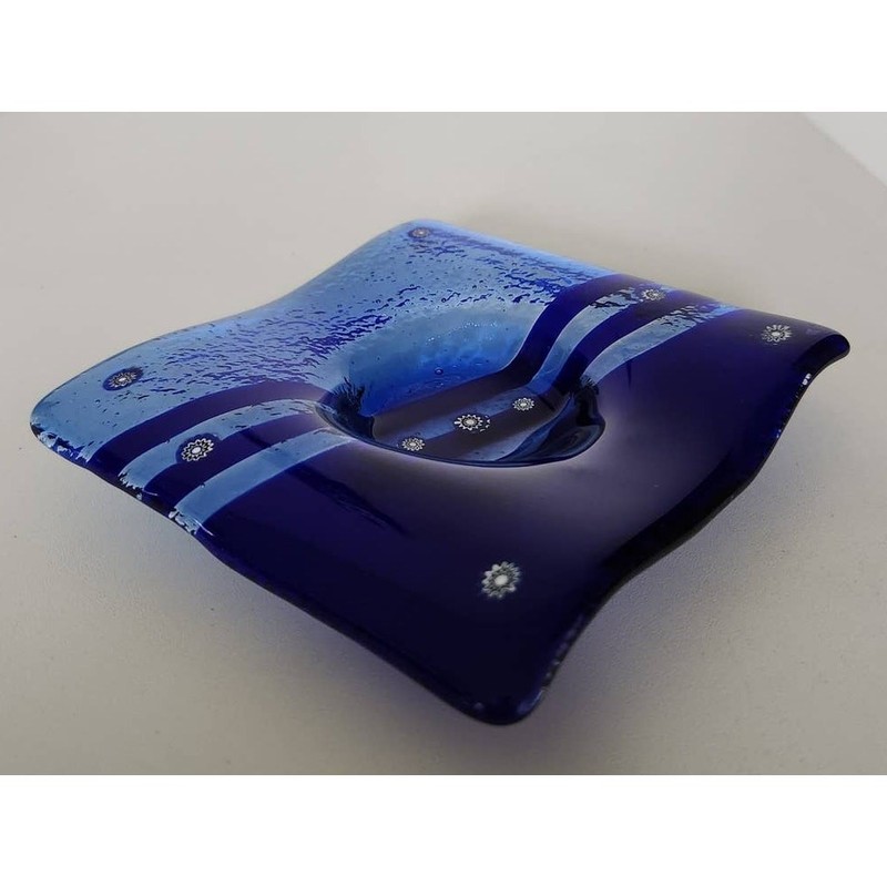 Artistic Cobalt Blue & Light Blue Fused Glass Trinket Bowl Candy Dish