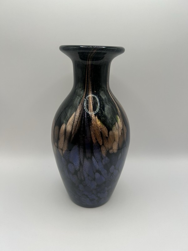 Dale Tiffany Art Glass Modern Murano Vase Black Green Blue Gold Glitter 9” Fun