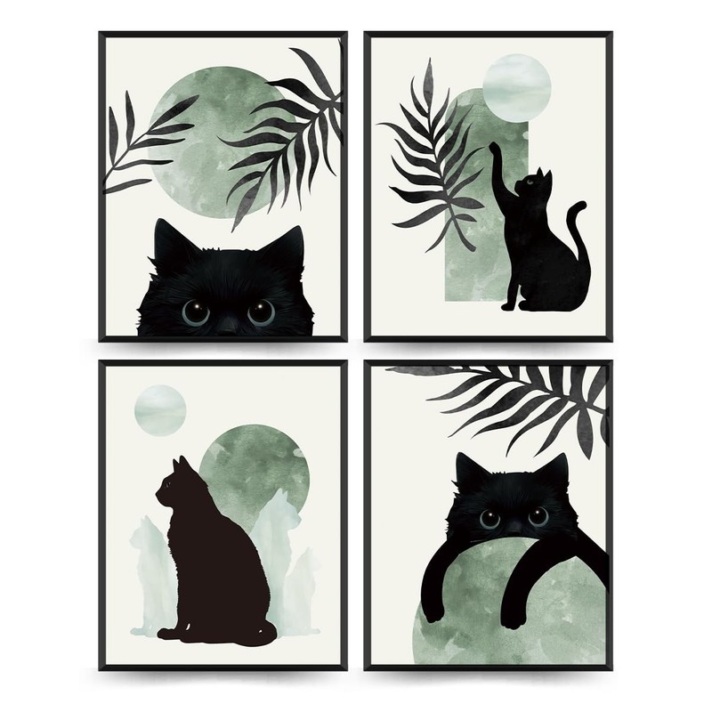 Sage Green Wall Art Set of 4, Boho Black Cat Posters, Aesthetic Green and Bla…